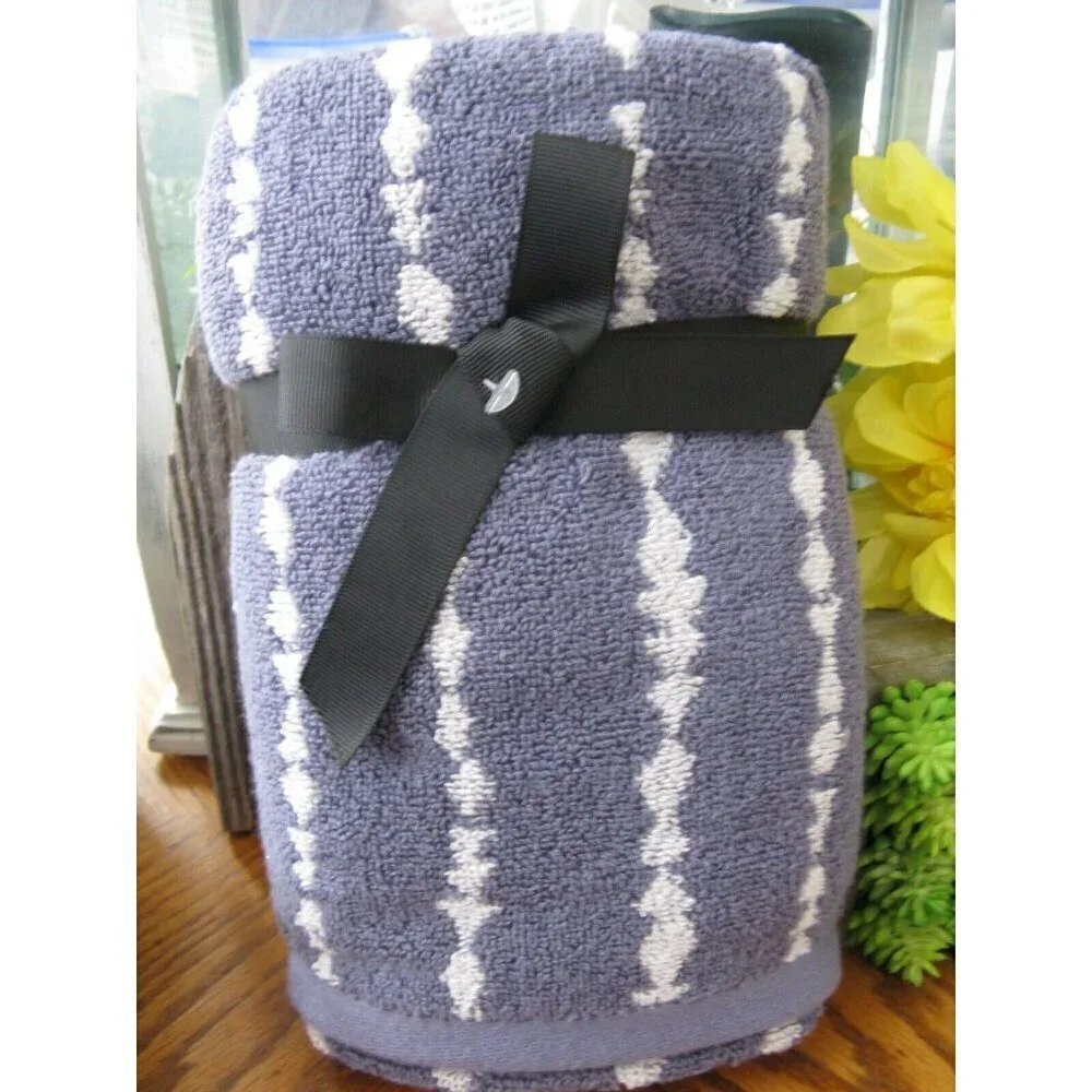 New Donna Karan DKNY Blue w/ White Pattern Stripe Bathroom Hand Towels Set of 2
